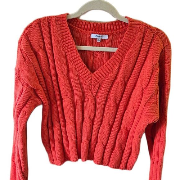 Madewell Orange Cable-Knit V-Neck Crop Sweater Women's Size Medium - Picture 1 of 5